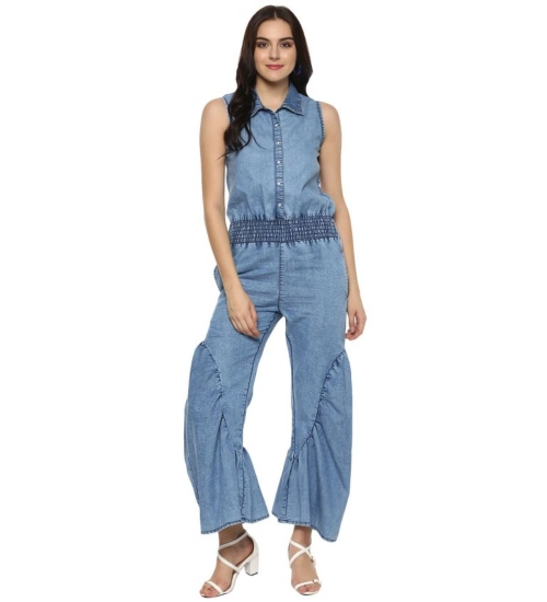 Generic Women's Denim Solid Sleeveless Jumpsuit (Blue)
