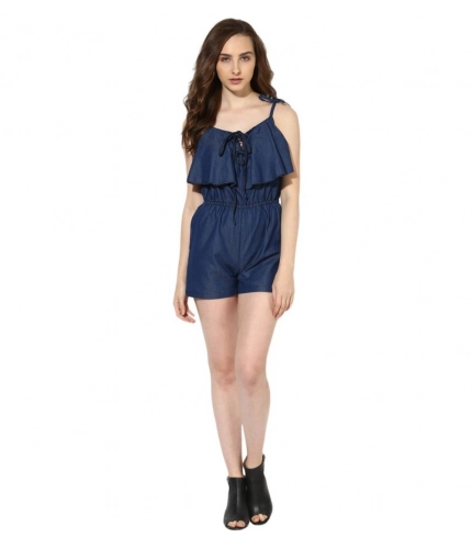 Generic Women's Denim Ruffled Shoulder Straps Jumpsuit (Blue)