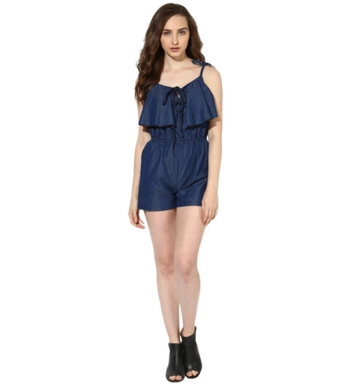 Generic Women's Denim Ruffled Shoulder Straps Jumpsuit (Blue)