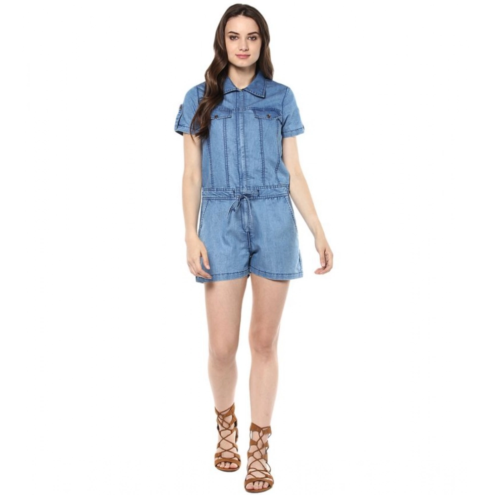 Generic Women's Denim Solid Short Sleeve Jumpsuit (Blue) Generic Women's Denim Solid Short Sleeve Jumpsuit (Blue)