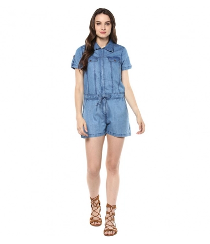 Generic Women's Denim Solid Short Sleeve Jumpsuit (Blue)