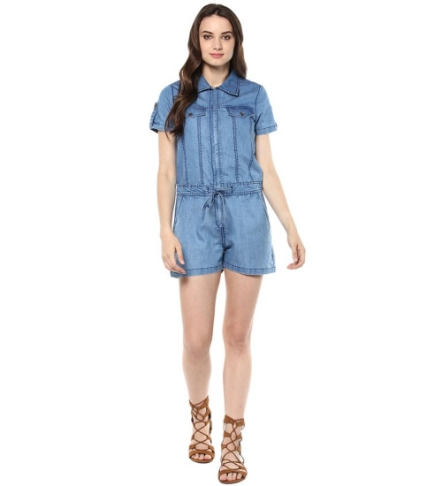 Generic Women's Denim Solid Short Sleeve Jumpsuit (Blue)