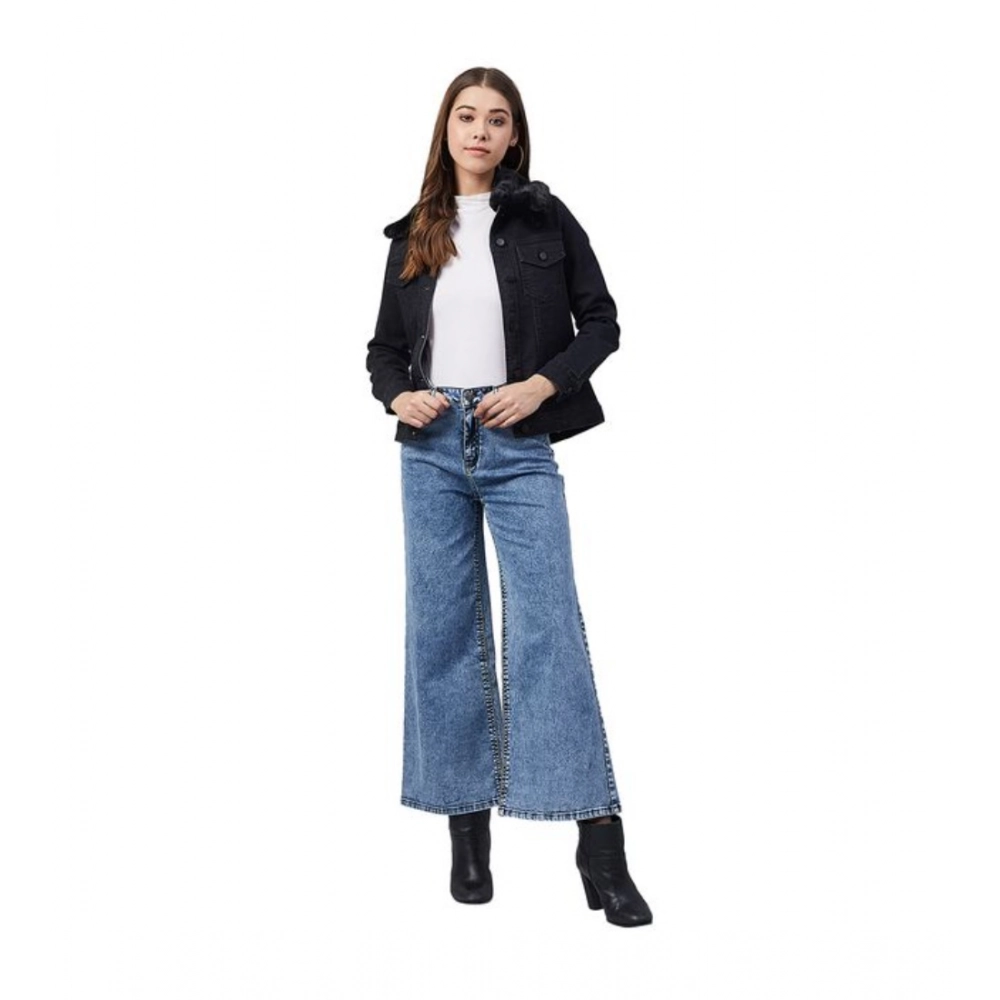 Generic Women's Denim & Faux Fur Washed Long Sleeve Jacket (Black) Generic Women's Denim & Faux Fur Washed Long Sleeve Jacket (Black)