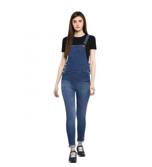 Generic Women's Denim Solid Dungaree Pant (Blue)
