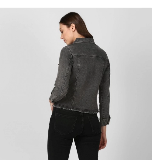 Generic Women's Denim Distressed Long Sleeve Jacket (Black)