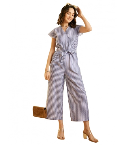 Generic Women's Cotton Chambray Striped Short Sleeve Jumpsuit (Blue)