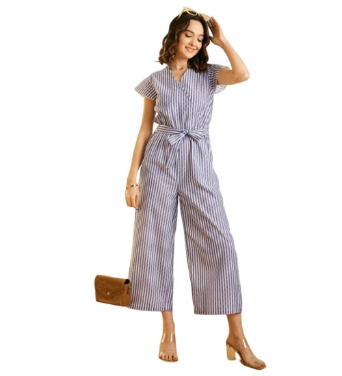 Generic Women's Cotton Chambray Striped Short Sleeve Jumpsuit (Blue)