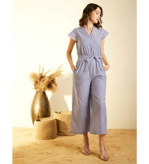 Generic Women's Cotton Chambray Striped Short Sleeve Jumpsuit (Blue)
