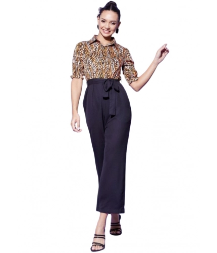 Generic Women's Polyester Animal Print Half Sleeve Jumpsuit (Orange - Black)