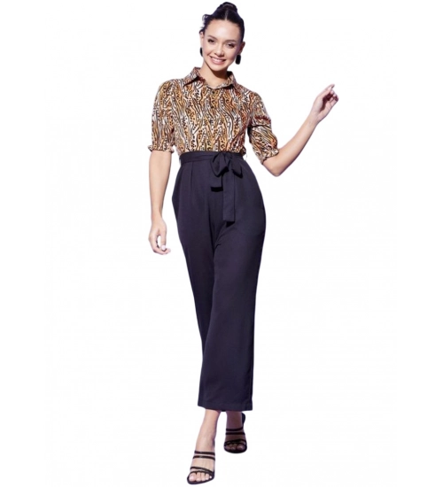 Generic Women's Polyester Animal Print Half Sleeve Jumpsuit (Orange - Black)