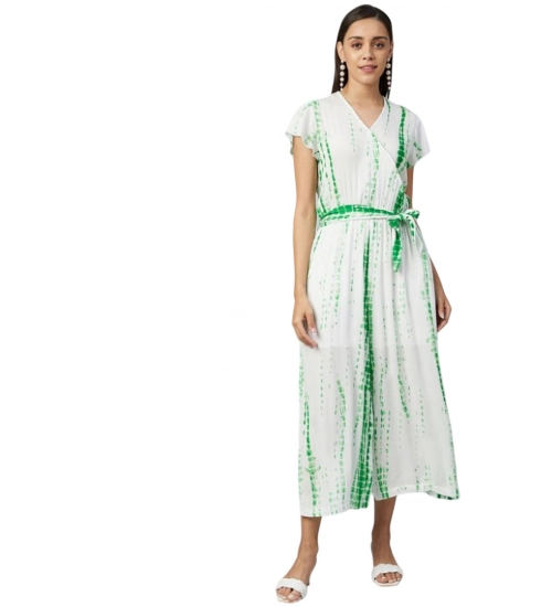 Generic Women's Rayon Striped Short Sleeve Jumpsuit (Green - White)