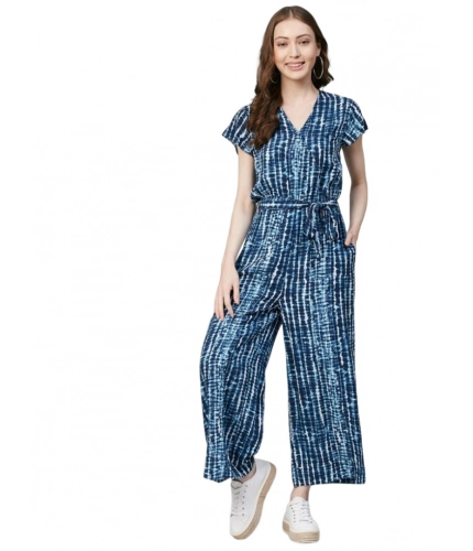 Generic Women's Rayon Tie &amp; Dye Short Sleeve Jumpsuit (Blue)
