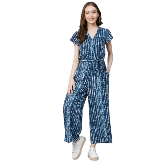 Generic Women's Rayon Tie & Dye Short Sleeve Jumpsuit (Blue)