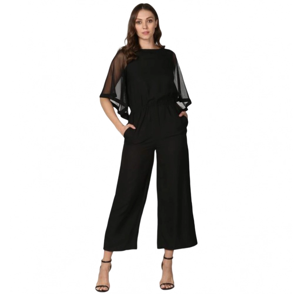 Generic Women's Polyester Solid Half Sleeve Jumpsuit (Black) Generic Women's Polyester Solid Half Sleeve Jumpsuit (Black)