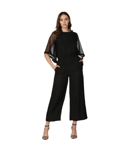 Generic Women's Polyester Solid Half Sleeve Jumpsuit (Black)