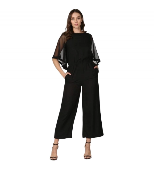 Generic Women's Polyester Solid Half Sleeve Jumpsuit (Black)