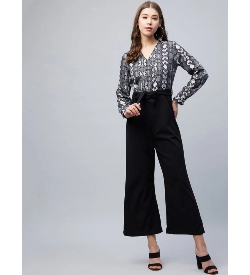 Generic Women's Rayon Animal Print Short Sleeve Jumpsuit (Black)