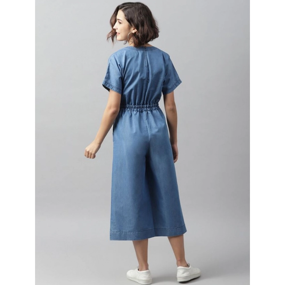 Generic Women's Denim Solid Half Sleeve Jumpsuit (Blue) Generic Women's Denim Solid Half Sleeve Jumpsuit (Blue)