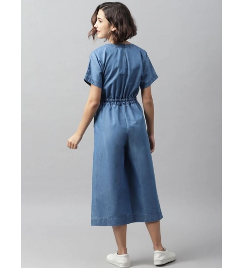 Generic Women's Denim Solid Half Sleeve Jumpsuit (Blue)