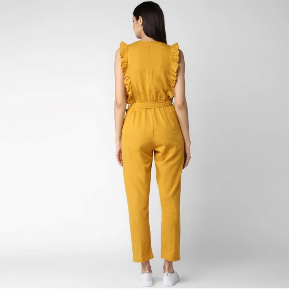 Generic Women's Cotton Linen Solid Sleeveless Jumpsuit (Yellow) Generic Women's Cotton Linen Solid Sleeveless Jumpsuit (Yellow)