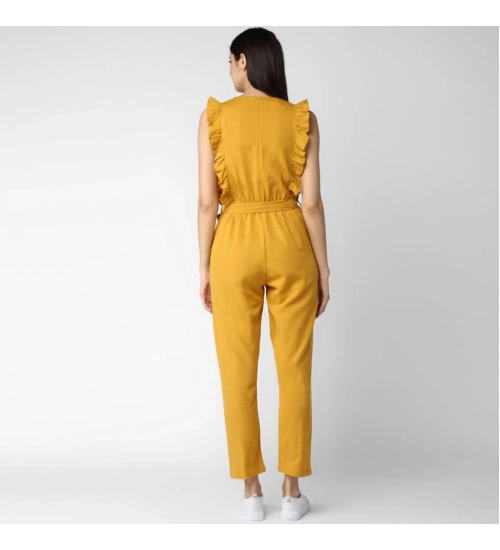 Generic Women's Cotton Linen Solid Sleeveless Jumpsuit (Yellow)