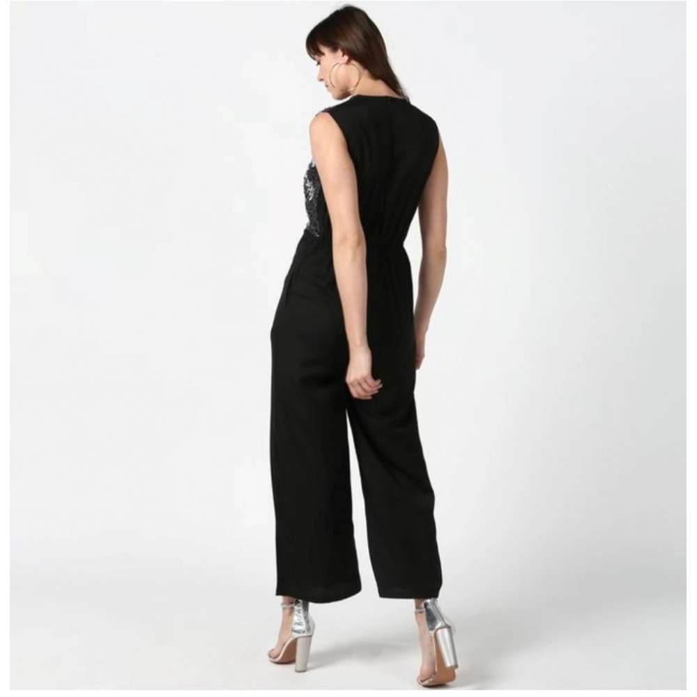 Generic Women's Polyester Embroidered Sleeveless Jumpsuit (Black) Generic Women's Polyester Embroidered Sleeveless Jumpsuit (Black)