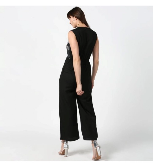Generic Women's Polyester Embroidered Sleeveless Jumpsuit (Black)