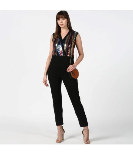 Generic Women's Polyester Embellished Sleeveless Jumpsuit (Black) Generic Women's Polyester Embellished Sleeveless Jumpsuit (Black)