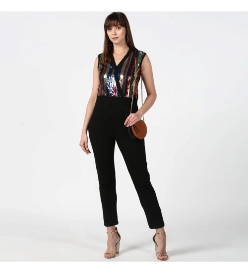 Generic Women's Polyester Embellished Sleeveless Jumpsuit (Black)