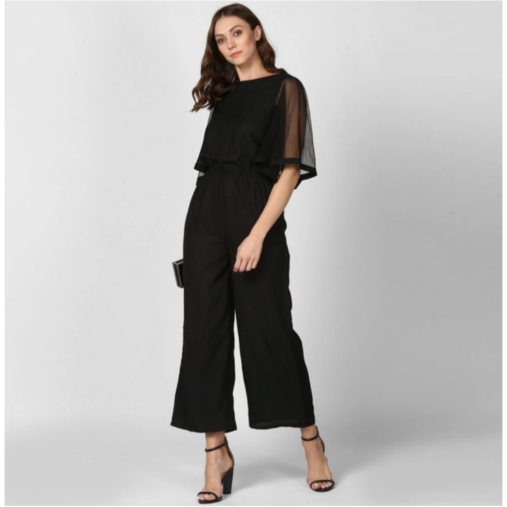 Generic Women's Polyester Solid Half Sleeve Jumpsuit (Black) Generic Women's Polyester Solid Half Sleeve Jumpsuit (Black)