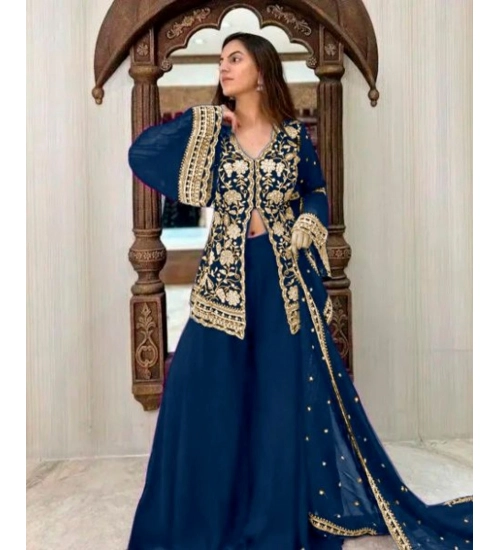 Generic Women's Georgette Embroidery 3-4th Sleeve V-Neck Kurti, Palazzo And Dupatta Set (Morpich)