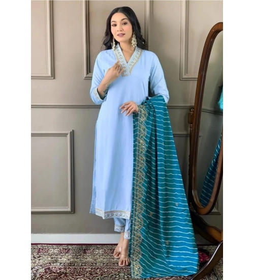 Generic Women's Roman Silk Embroidery 3-4th Sleeve V-Neck Kurti With Pant Dupatta Set (Rama)