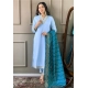 Generic Women's Roman Silk Embroidery 3-4th Sleeve V-Neck Kurti With Pant Dupatta Set (Rama)