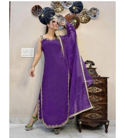 Generic Women's Georgette Embroidery Sleeveless Round Neck Kurti, Palazzo And Dupatta Set (Purple)