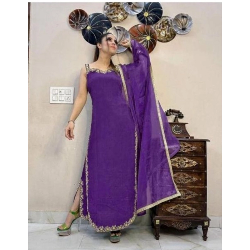 Women's Georgette Embroidery Sleeveless Round Neck Kurti, Palazzo And Dupatta Set (Purple) Women's Georgette Embroidery Sleeveless Round Neck Kurti, Palazzo And Dupatta Set (Purple)