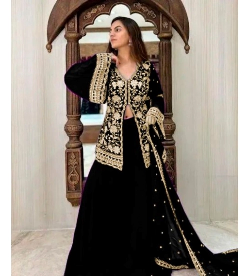Generic Women's Georgette Embroidery 3-4th Sleeve V-Neck Kurti, Palazzo And Dupatta Set (Black)