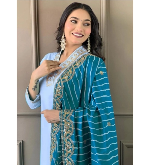 Generic Women's Roman Silk Embroidery 3-4th Sleeve V-Neck Kurti With Pant Dupatta Set (Rama)