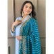 Generic Women's Roman Silk Embroidery 3-4th Sleeve V-Neck Kurti With Pant Dupatta Set (Rama)