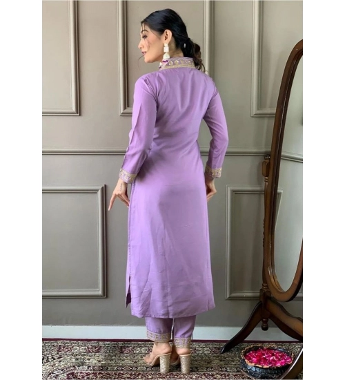 Generic Women's Roman Silk Embroidery 3-4th Sleeve V-Neck Kurti With Pant Dupatta Set (Lavender)