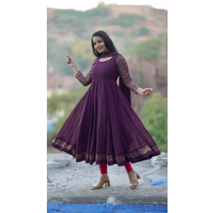 Generic Women's Georgette Embroidery 3-4th Sleeve Round Neck Kurti with Dupatta Set (Wine)