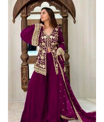 Generic Women's Georgette Embroidery 3-4th Sleeve V-Neck Kurti, Palazzo And Dupatta Set (Wine)