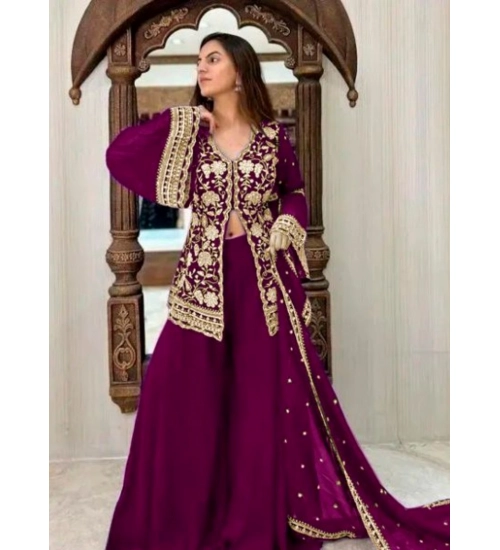 Generic Women's Georgette Embroidery 3-4th Sleeve V-Neck Kurti, Palazzo And Dupatta Set (Wine)