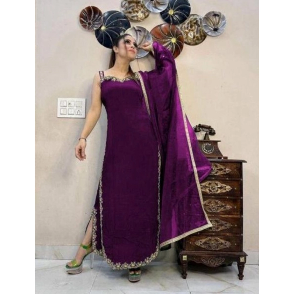 Generic Women's Georgette Embroidery Sleeveless Round Neck Kurti, Palazzo And Dupatta Set (Wine) Generic Women's Georgette Embroidery Sleeveless Round Neck Kurti, Palazzo And Dupatta Set (Wine)