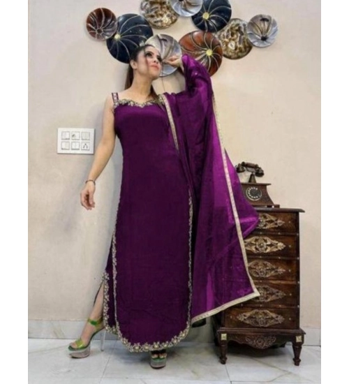 Generic Women's Georgette Embroidery Sleeveless Round Neck Kurti, Palazzo And Dupatta Set (Wine)