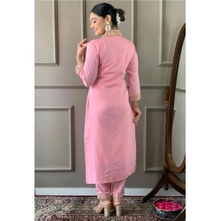 Women's Roman Silk Embroidery 3-4th Sleeve V-Neck Kurti With Pant Dupatta Set (Pink)