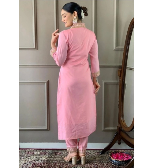 Generic Women's Roman Silk Embroidery 3-4th Sleeve V-Neck Kurti With Pant Dupatta Set (Pink)