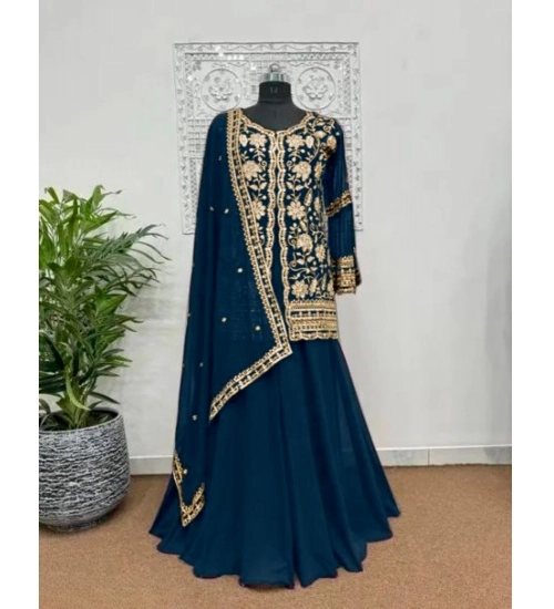Generic Women's Georgette Embroidery 3-4th Sleeve V-Neck Kurti, Palazzo And Dupatta Set (Morpich)