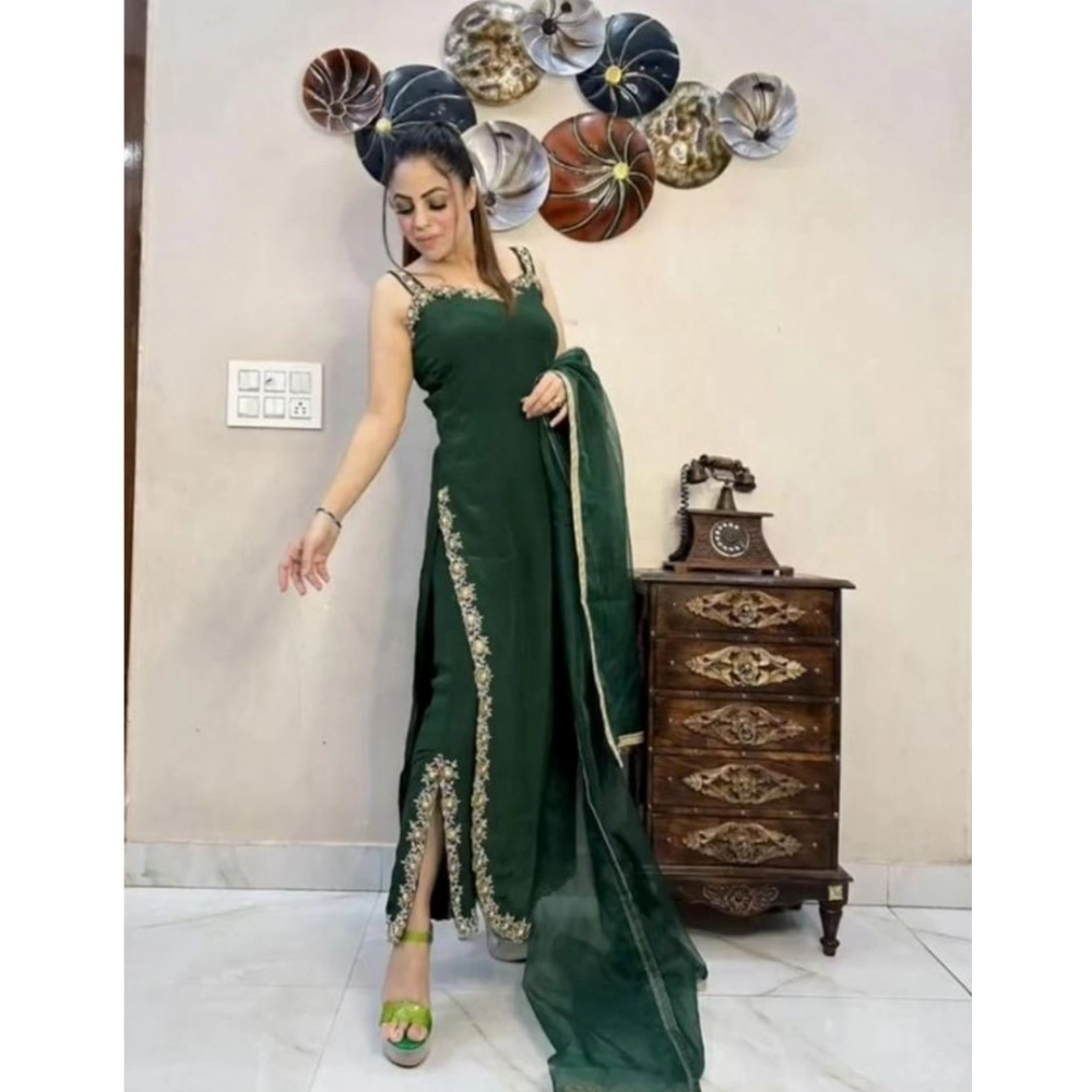 Generic Women's Georgette Embroidery Sleeveless Round Neck Kurti, Palazzo And Dupatta Set (Green) Generic Women's Georgette Embroidery Sleeveless Round Neck Kurti, Palazzo And Dupatta Set (Green)
