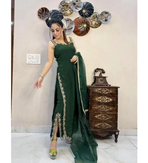 Generic Women's Georgette Embroidery Sleeveless Round Neck Kurti, Palazzo And Dupatta Set (Green)