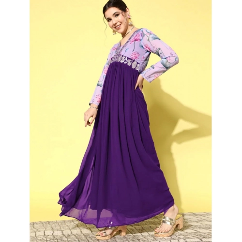 Women's Georgette Embroidery 3-4th Sleeve V-Neck Kurti (Purple)